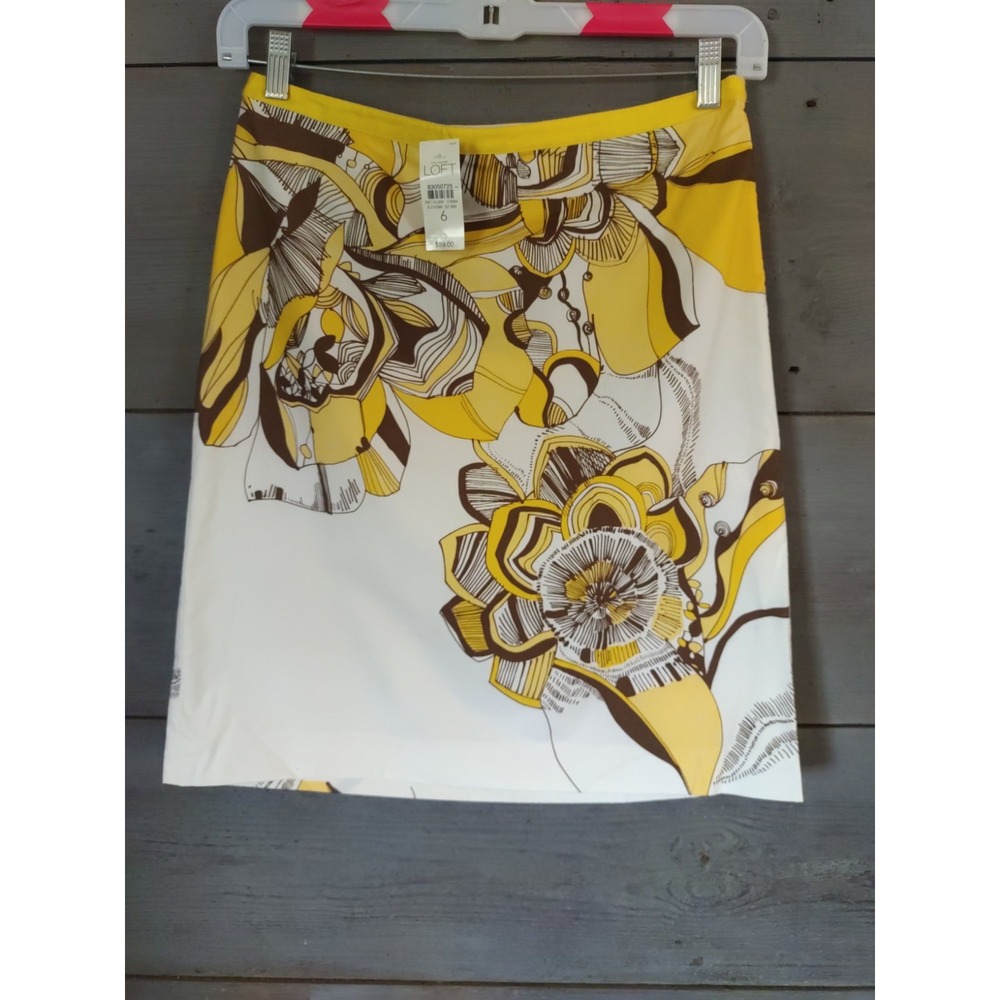 Loft Women Ivory Yellow Brown Floral Flower Power Lined Cotton Skirt Size 6
